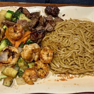 Filet mignon, shrimp, and vegetables hibachi with noodles