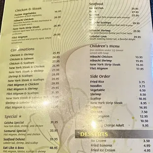 2024 menu of hibachi and desserts