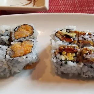"special" spicy scallop roll, and eel and cucumber roll