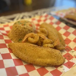 Fried fish, fried shrimps and fried rice