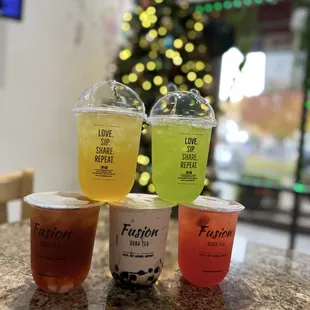 a variety of drinks on a table