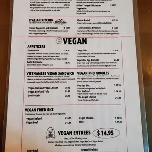 Vegan menu and speciality selections.