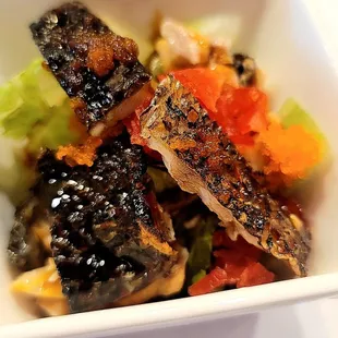 Another complimentary course from Chef Mason. Salmon skin salad! Very tasty.