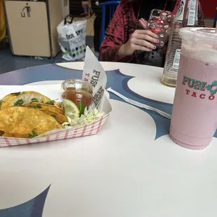 Chicken Tacos, strawberry smoothie