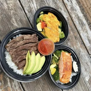 a variety of food items on a wooden table