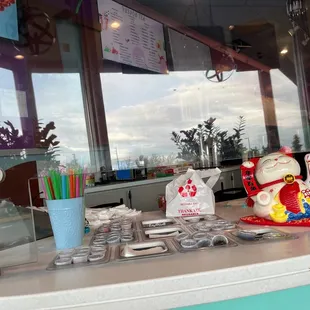 a display of various items on a counter