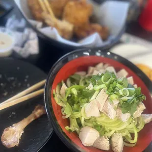 Cucumber salad and sweet and spicy wings