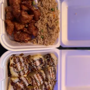 fried rice, orange chicken , California Tempura Roll