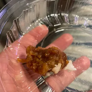 Orange chicken. Over cooked.