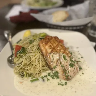 Salmon With Garlic Pasta