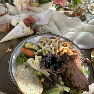 Main entreé ~ trip tip, lamb chop with balsamic glaze, fresh grilled vegetables, Penne Incarcerata, Fettuccini Alfredo