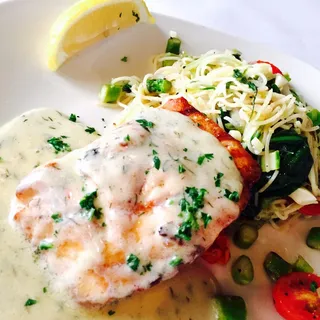 Salmon with Garlic Pasta