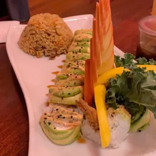 Laredo Roll and beef fried rice. Included a crab salad and tea for only $8.99