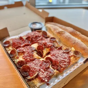 Personal pepperoni and breadsticks