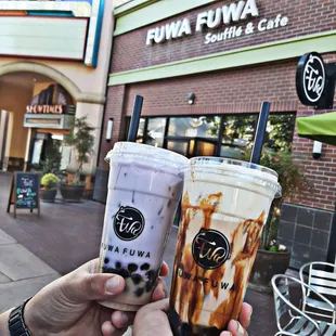 Taro milk tea with boba, and brown sugar boba milk tea with snow cream