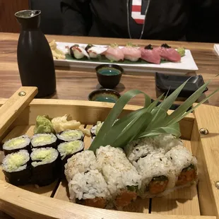 Cucumber roll, avocado roll, spicy yellowtail roll with jalapeño, octopus sushi, yellowtail sushi, tuna sushi and hot sake!