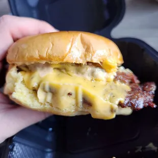 a hand holding a sandwich