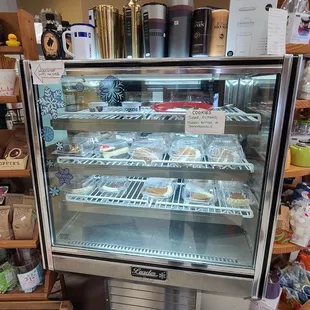 a display case of baked goods