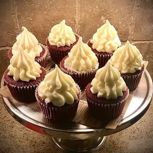 House-made jumbo red velvet cupcakes topped with our rich cream cheese frosting, so good!!