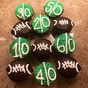 For SUPERBOWL SUNDAY. House-made moist chocolate jumbo cupcakes topped with chocolate ganache and decorated with buttercream frosting!