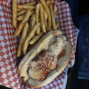 Meatball sandwich and frys