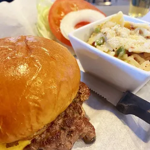 1/3 lb cheeseburger deluxe (lettuce, tomato, onion) with Italian Pasta Salad