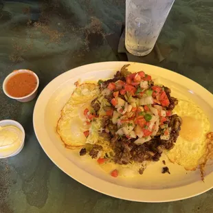 Pico Pico !! Over steak eggs onions jalapeños (no rice, no beans, no potatoes)