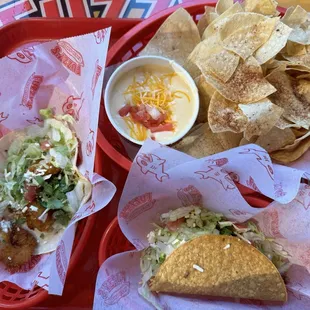 Tempura Shrimp Taco, Chips &amp; Queso, Seasoned Ground Beef Taco