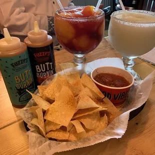 Mango Margarita with sangria swirl, House Margarita, Chips &amp; Fire-Roasted Salsa