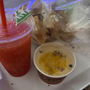 Chips and Chips &amp; Queso with a strawberry margarita