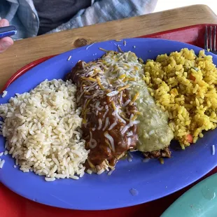 Enchilada Plate. One chicken with red sauce, and ground beef green.