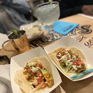 Shrimp &amp; Barbacoa tacos. With margarita and Moscow mule