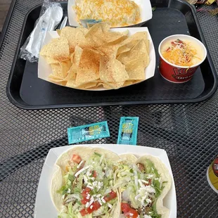 Shredded Brisket Tacos, Chips &amp; Queso, Grilled Veggie Burrito