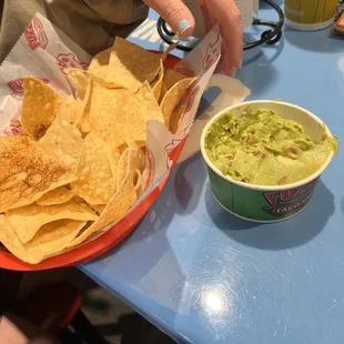 a bowl of guacamole and chips