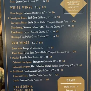 Wine, beer etc menu