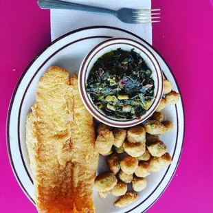 Fried Catish, okra and smoke Turkey greens.