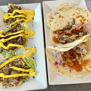 three tacos with mustard on them