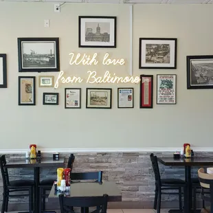 Back wall with neon lights.