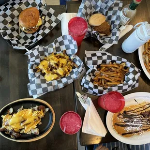 breakfast skillet, hot cakes, sliders, Coney Island burger, bacon cheeseburger, fries with chili and cheese, fries with gravy