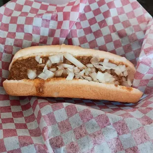 Coney Island hotdog dog with beanless chili and onions.