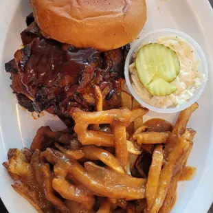 Brisket sandwich, coleslaw and gravy fries.