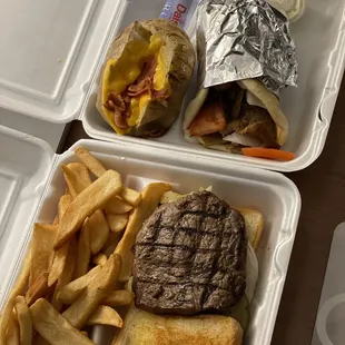 Steak Sandwich and Gyro Sandwich with a loaded baked potato!