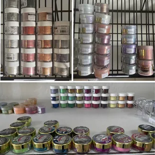 Different glitters we have for decorating desserts. We also carry color and shimmer sprays.