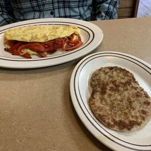 Asiago and toasted red pepper omelette and side of sausage patties.