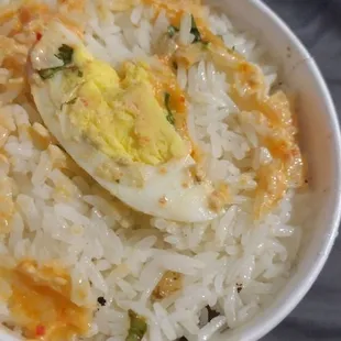 a bowl of rice and an egg