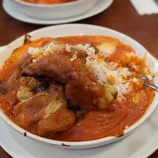 Baked pork chop with rice, flipped