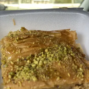 Freshly Home made Baklava stuffed with walnut, topped with lite syrup and garnished with grounded pistachio!