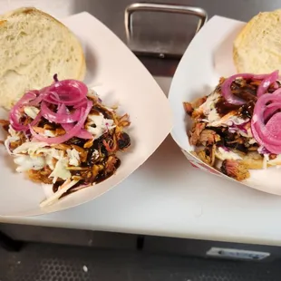 Pulled Pork sandwiches with coleslaw and pickled onions!