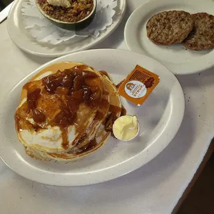 Amish oatmeal bake and Carmel apple pancakes with sausage patties