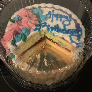a half - eaten birthday cake
